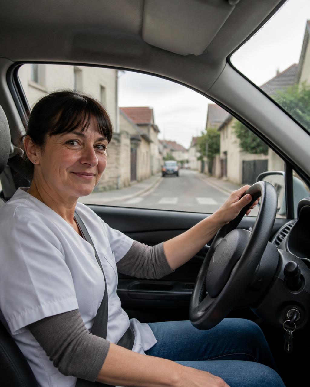 Intervenante d'aide à domicile au volant de sa citadine, dans une rue résidentielle