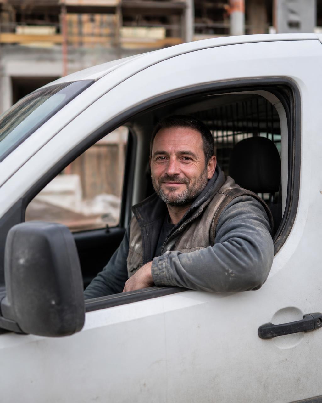 Artisan du bâtiment souriant au volant de son fourgon, sur un chantier
