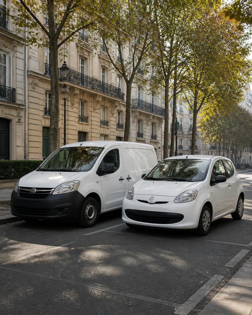 Un utilitaire et une citadine blancs garés sur un boulevard parisien