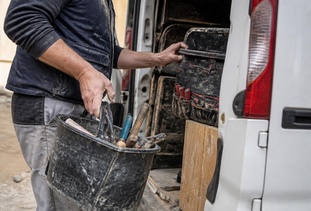 Artisan du bâtiment chargeant ses outils à l'arrière de son fourgon