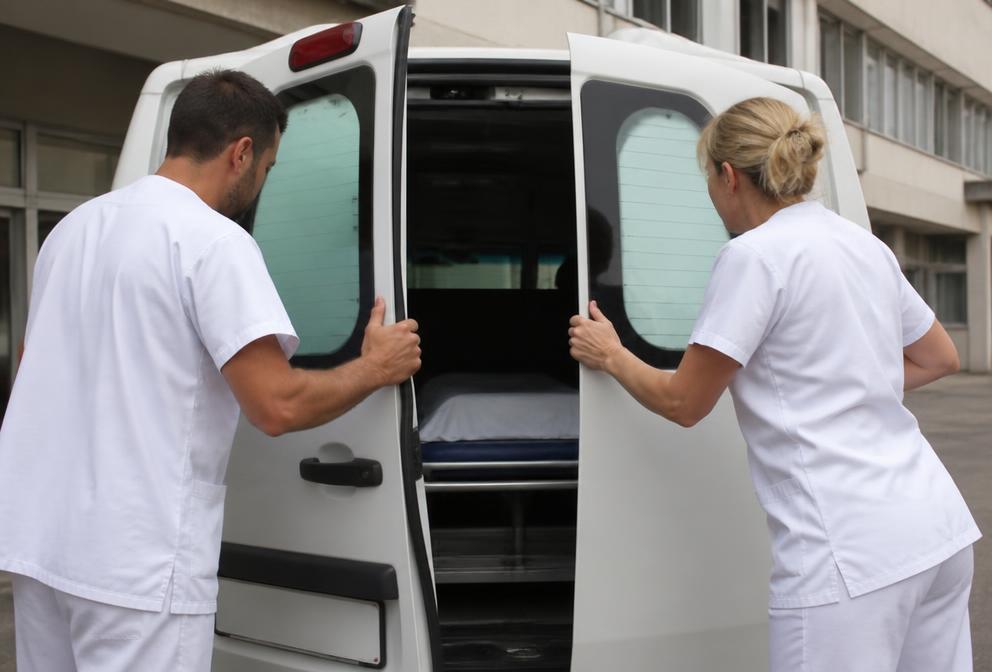 Deux professionnels du transport sanitaire refermant leur véhicule
