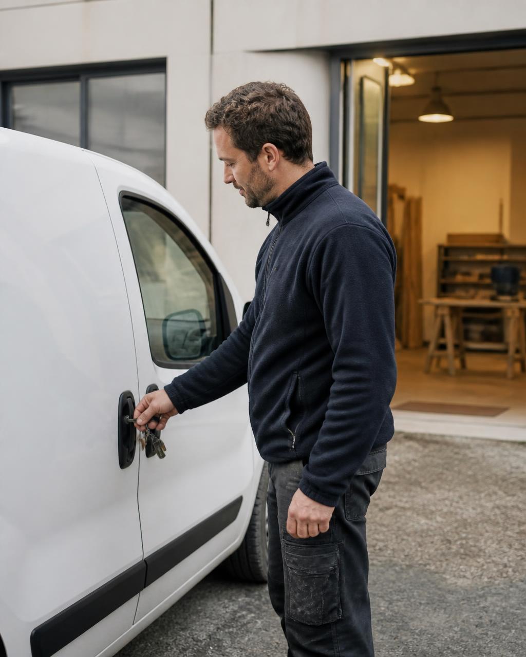 Jeune entrepreneur ouvrant son utilitaire devant son atelier tout juste ouvert