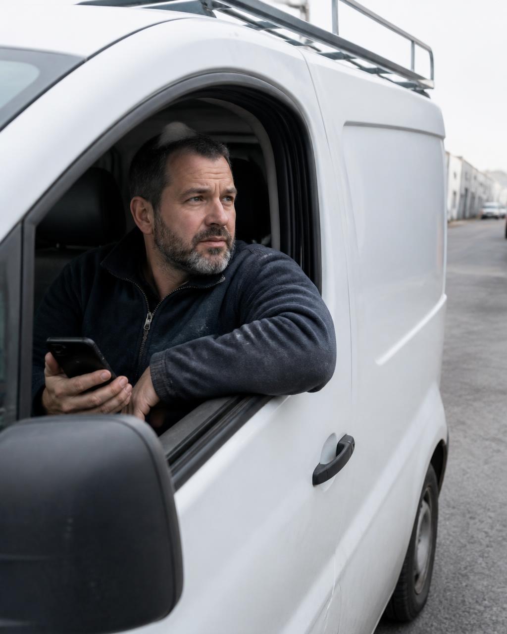 Artisan au volant de son fourgon blanc, téléphone à la main, dans une rue d'activité