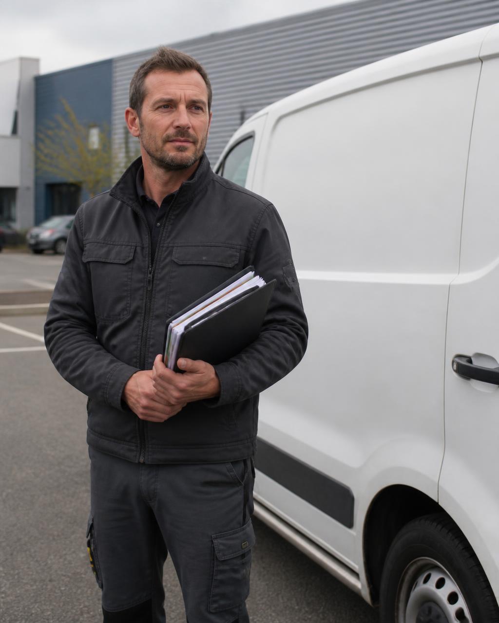 Chef d'entreprise avec son dossier devant un utilitaire blanc, sur une zone d'activité