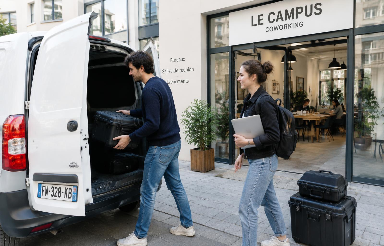 Deux fondateurs de startup chargeant du matériel dans un utilitaire blanc devant leur espace de coworking