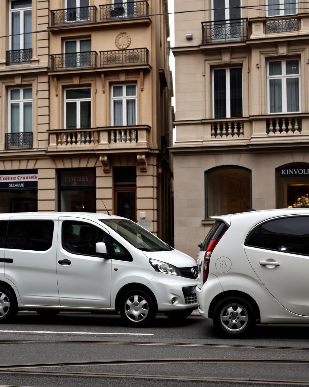 Un utilitaire et une citadine blancs garés dans une rue lyonnaise