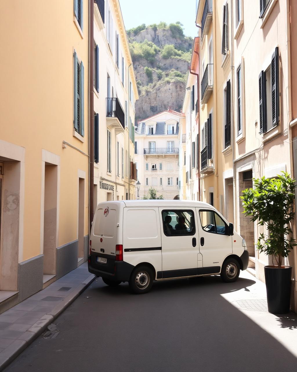 Un petit utilitaire blanc garé dans une rue étroite et ensoleillée de Marseille