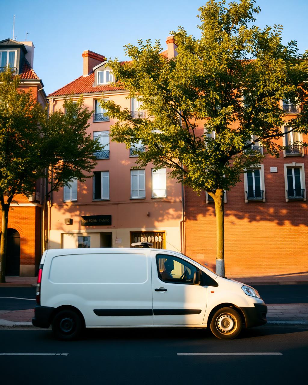 Un utilitaire blanc garé devant des façades en brique rose à Toulouse